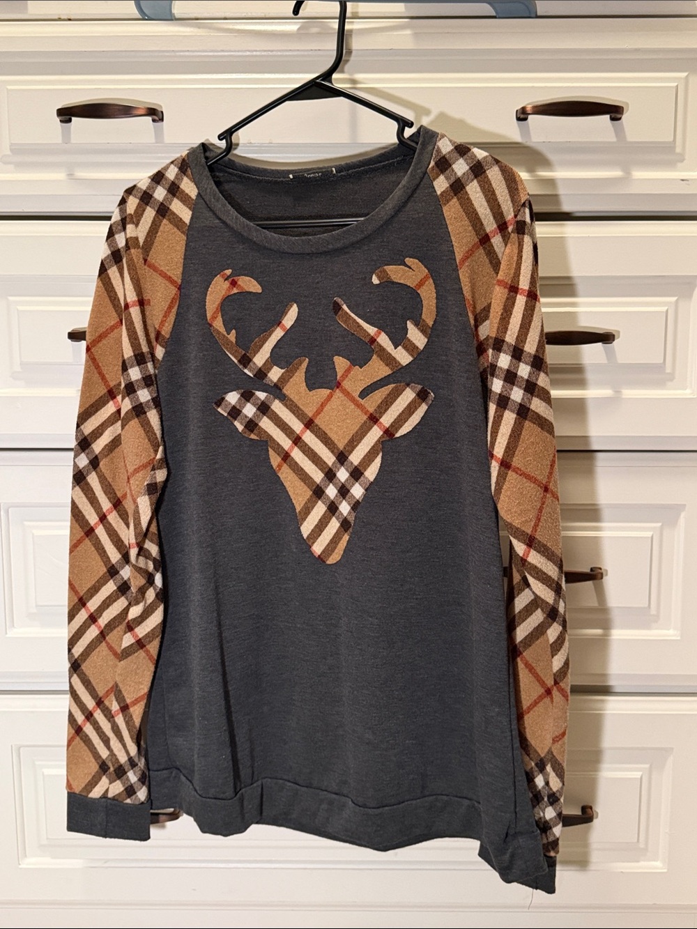 JODIFL Dark Gray & Tan Plaid Deer Crewneck Sweater